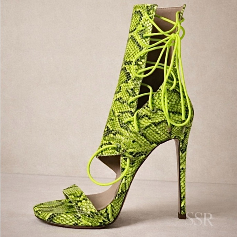 Azalea Wang Women's Neon Green Snakeskin Lace-Up Sandals